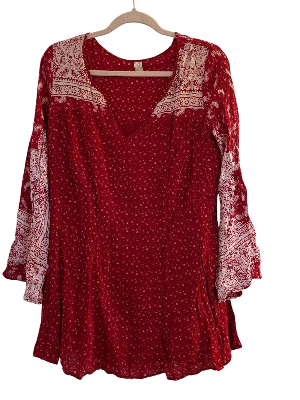 Free People Size Small Paisley Bell Sleeves BOHO Dress Red White . - Picture 9 of 10